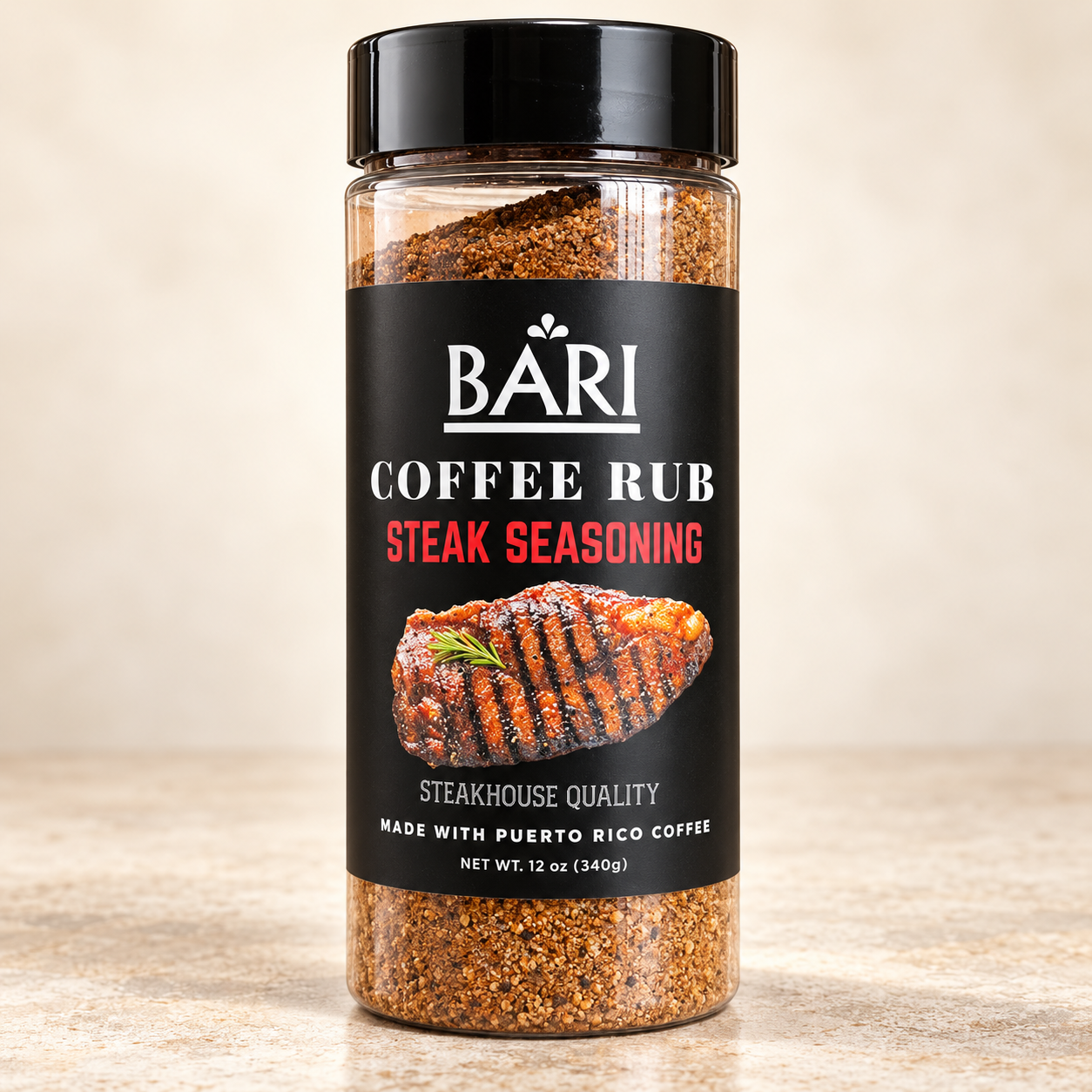 BARI Coffee Rub de 12 oz, botella destacada sobre un fondo claro